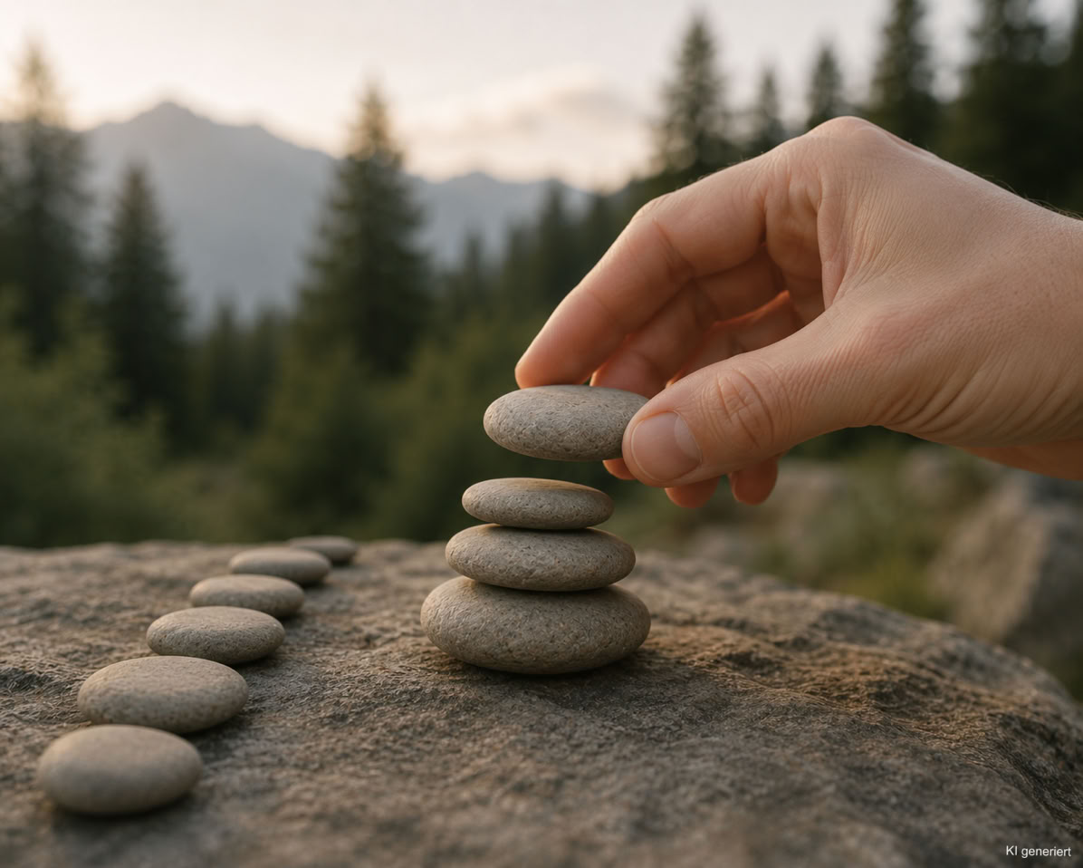 Eine Hand stapelt vorsichtig Kieselsteine zu einem Turm, symbolisch f&uuml;r innere Balance und systemische Entwicklung bei Spirit und Mind.