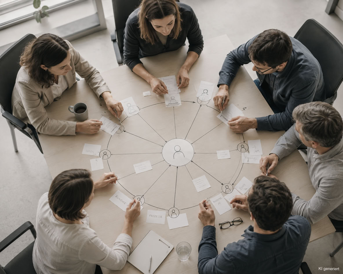 Ein Team sitzt um einen Tisch und arbeitet gemeinsam an einer Netzwerk-Struktur, eine Methode der systemischen Kommunikation bei Spirit und Mind.