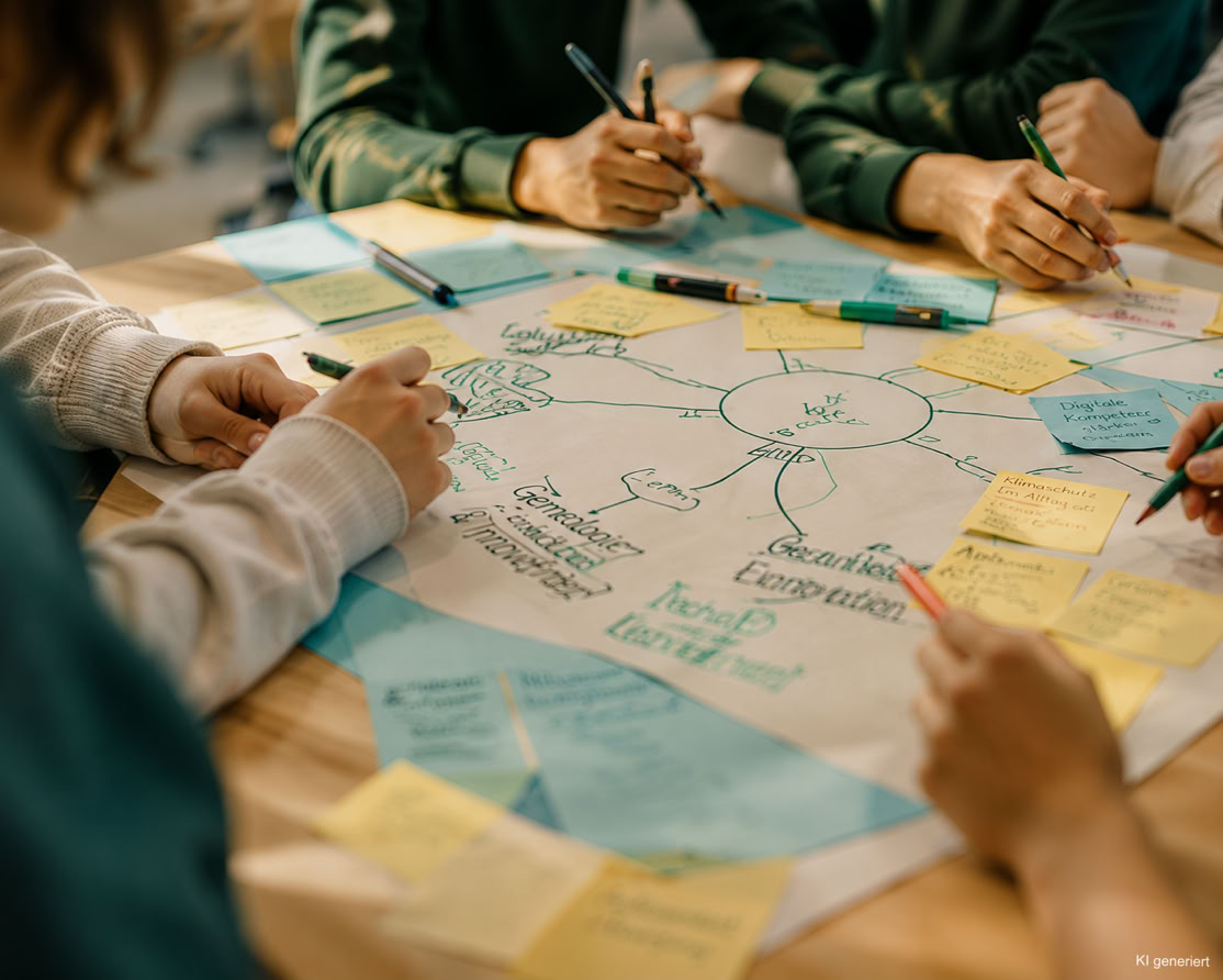 H&auml;nde arbeiten an einer Mindmap mit Post-its auf einem Tisch, symbolisch f&uuml;r systemische Organisationsentwicklung bei Spirit und Mind.
