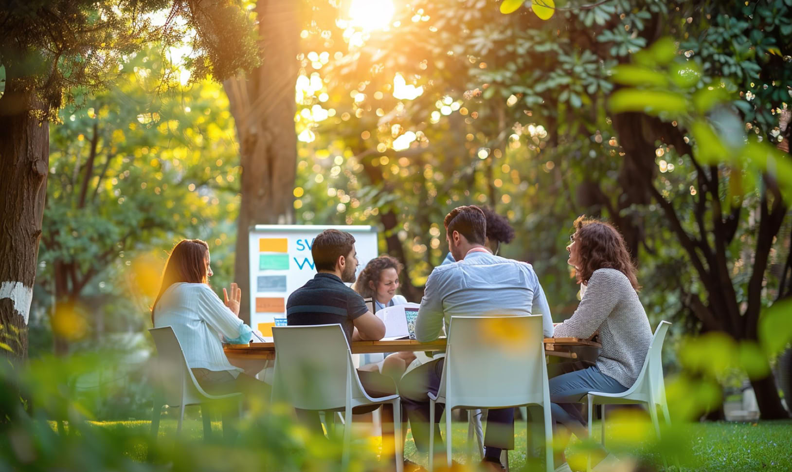 5 Menschen sitzen auf St&uuml;hlen im Wald, im Hintergrund ein Flipchart mit Moderationskarten.